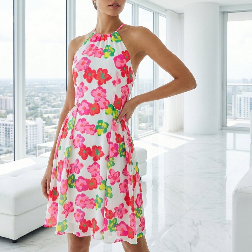 Anthropologie White Halter Mini Dress with Pink, Green & Yellow Floral Print